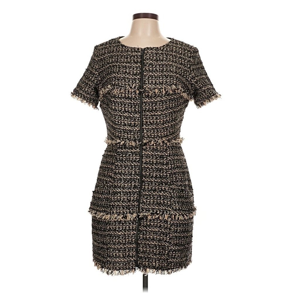 Luba by Hannah Payne Women Black Gold Tweed Fringe Front Zip Mini Dress Size 10